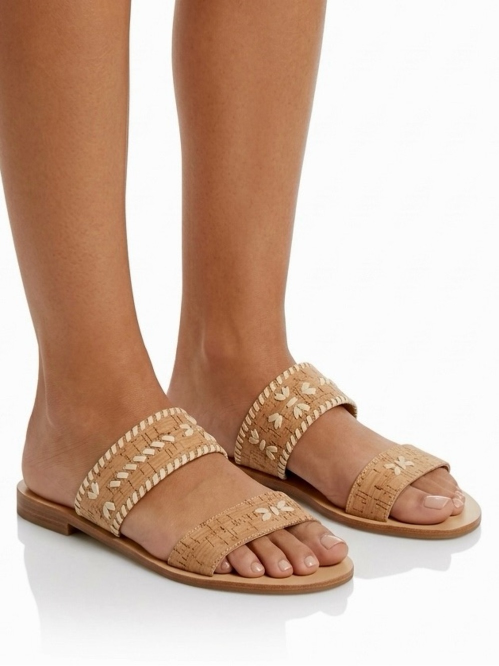 JACK ROGERS Preppy Tan Cork Double Strap Sandals w Ivory Raffia Floral Details